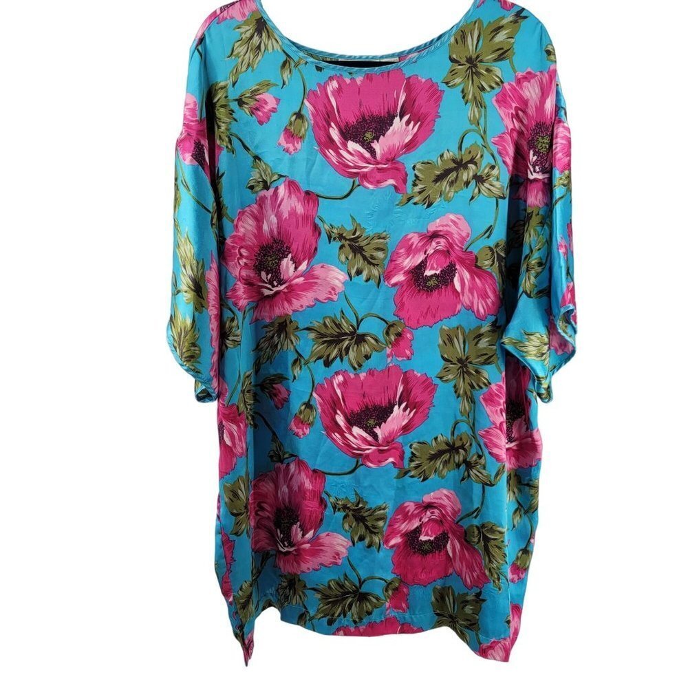 Victoria's Secret Vintage Floral Silk Like Large Gold Label Flowers Blue Bold